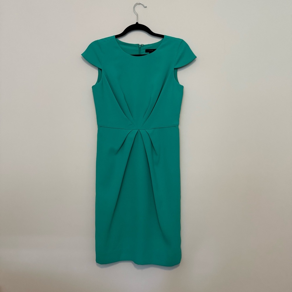 J. Crew Teal Suiting Dress with Cap Sleeves, Back Zip and Vent, Gathering Detail